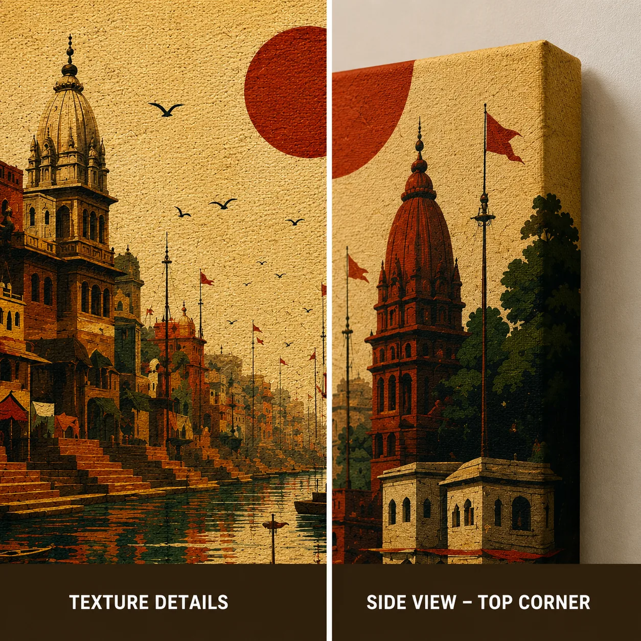 Retro Varanasi Ghats Canvas Print - Vintage Indian Temple Sunset Wall Art - Image 3