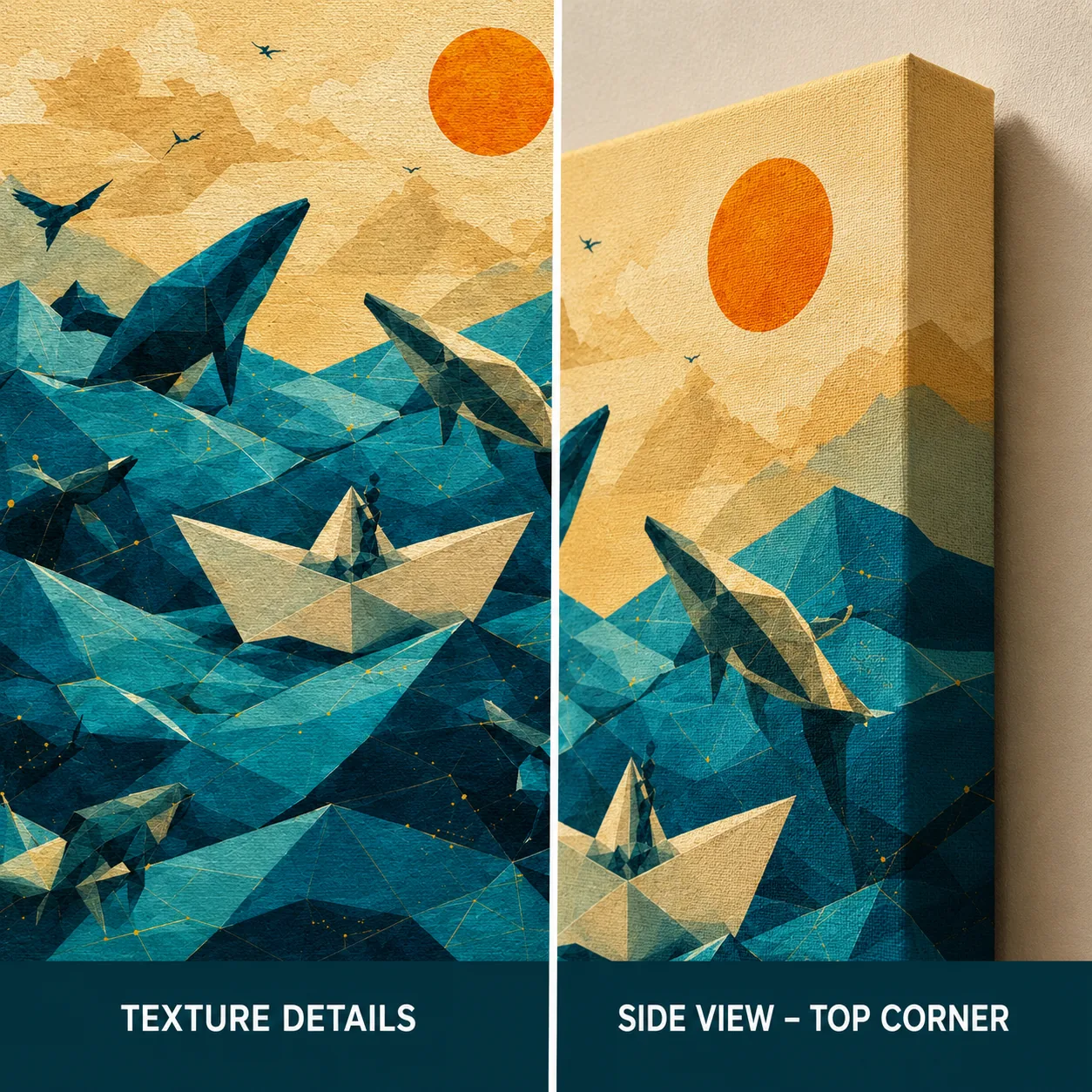Retro Origami Boat & Whales Canvas Print - Surreal Ocean Sunset Wall Art - Image 4