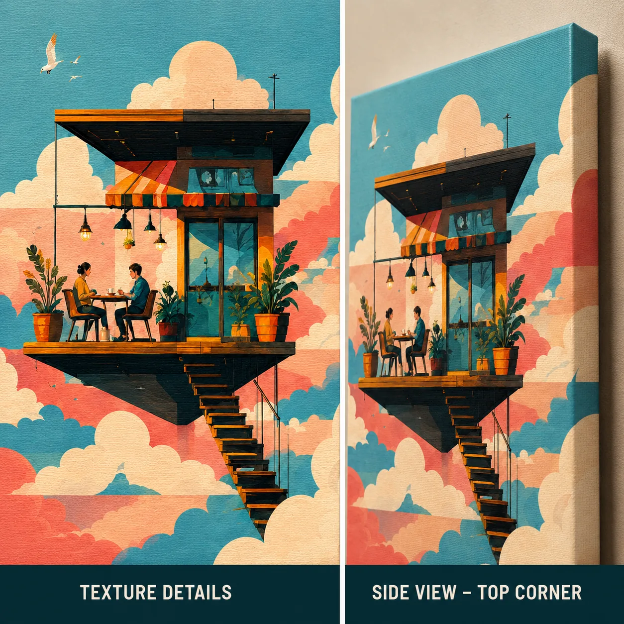 Retro Floating Cafe Canvas Print - Surreal Cloud City Wall Art - Image 4