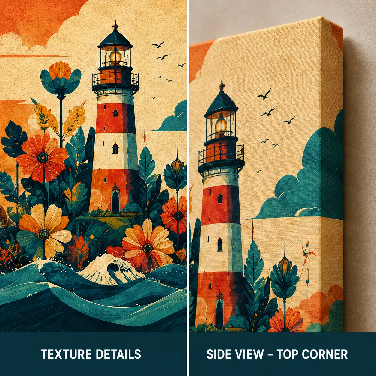Retro Floral Lighthouse Canvas Print - Vintage Coastal Ocean Waves Wall Art - Image 4