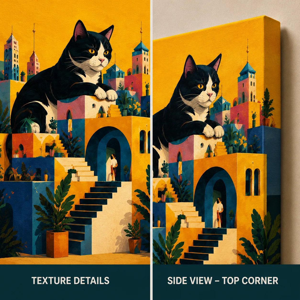 Retro Giant Tuxedo Cat Canvas Print - Whimsical Mediterranean City Wall Art - Image 4