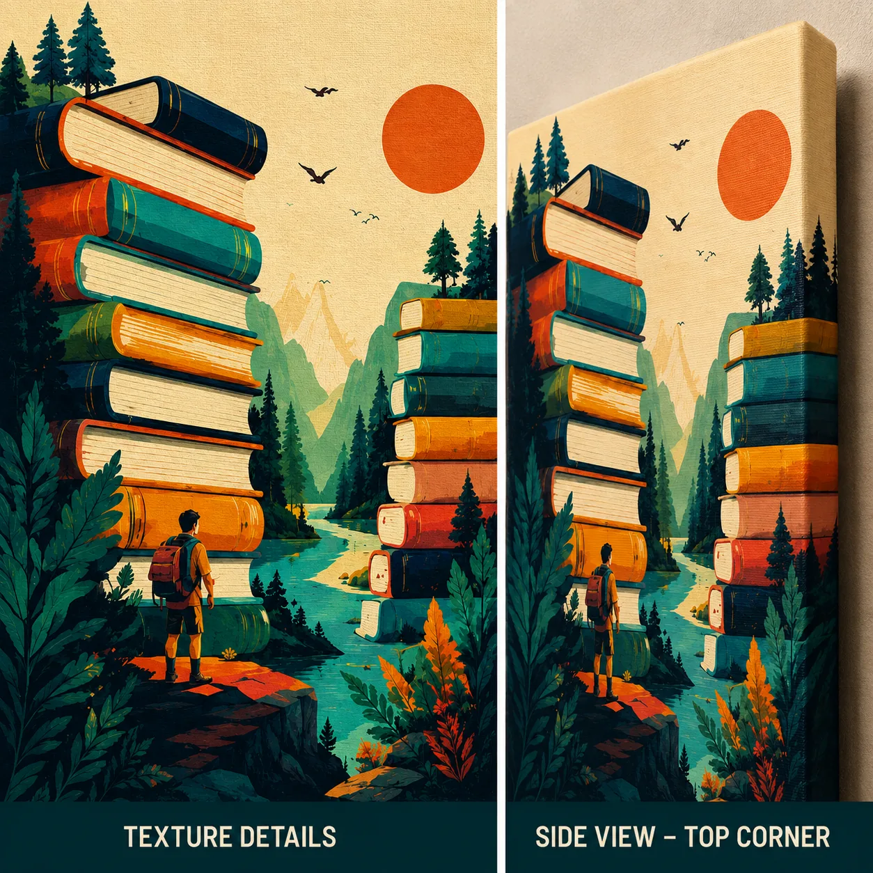 Retro Mountain Stacked Books Canvas Print - Vintage Reader Wanderlust Wall Art - Image 4