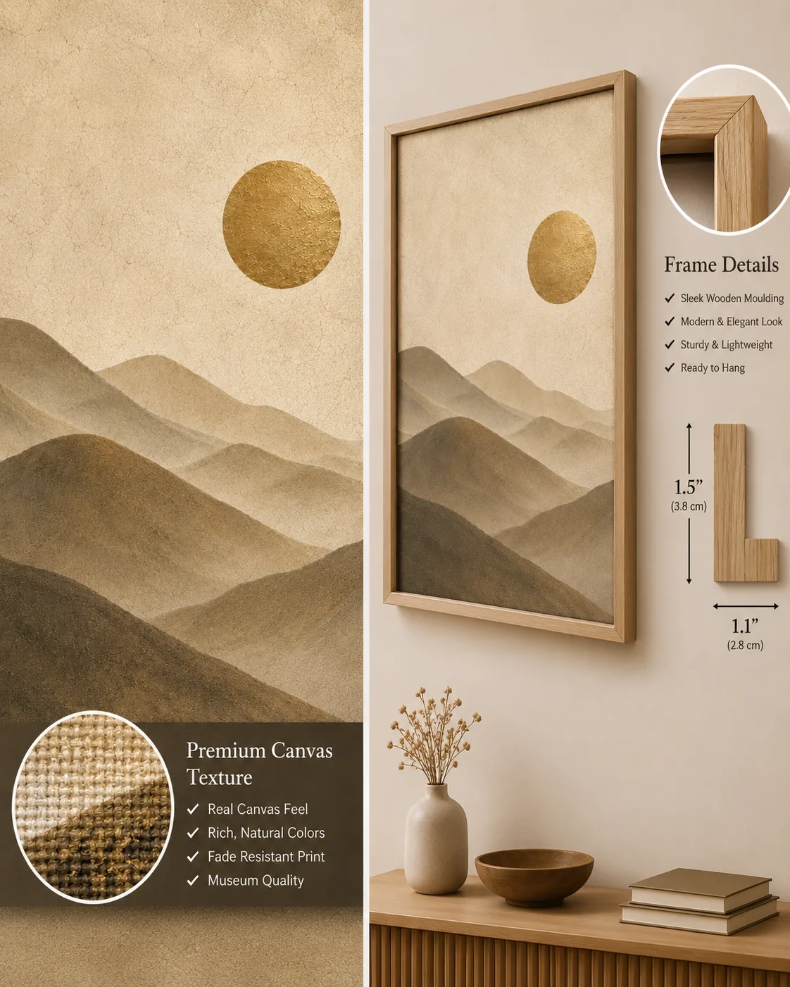 Misty Dunes & Gold Sun Canvas Art – Neutral Japandi Nature Print - Image 3