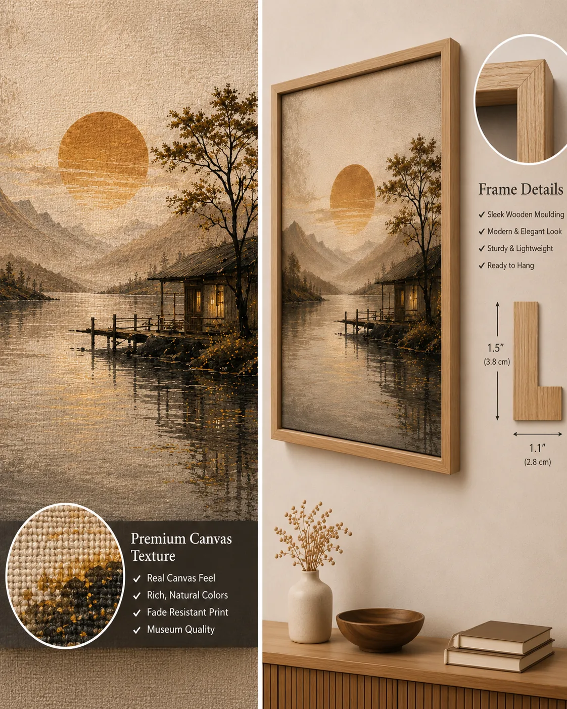 Misty Lakeside Cabin & Rising Sun Canvas Print – Japandi Vintage Minimalist Landscape Wall Art - Image 3