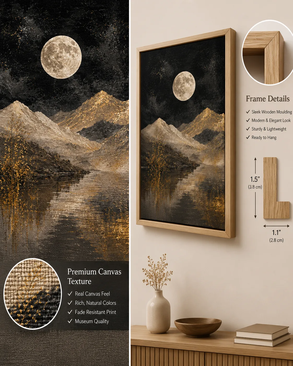 Full Moon Over Mountain Lake Canvas Print – Japandi Wabi-Sabi Moody Textured Abstract Landscape Wall Art - Image 3