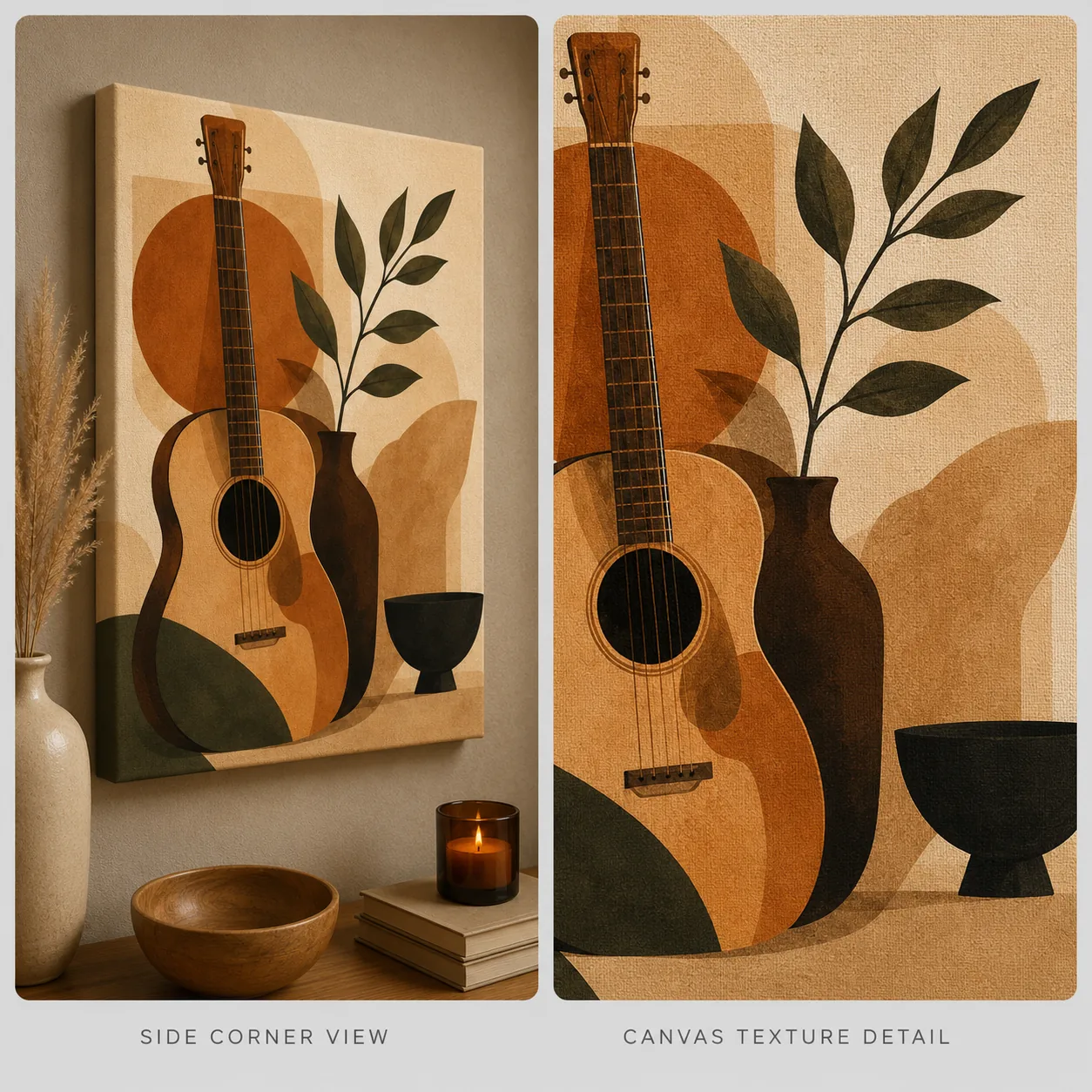 Minimalist Acoustic Guitar Canvas Print - Terracotta & Olive Green Abstract Still Life Wall Art - Image 4