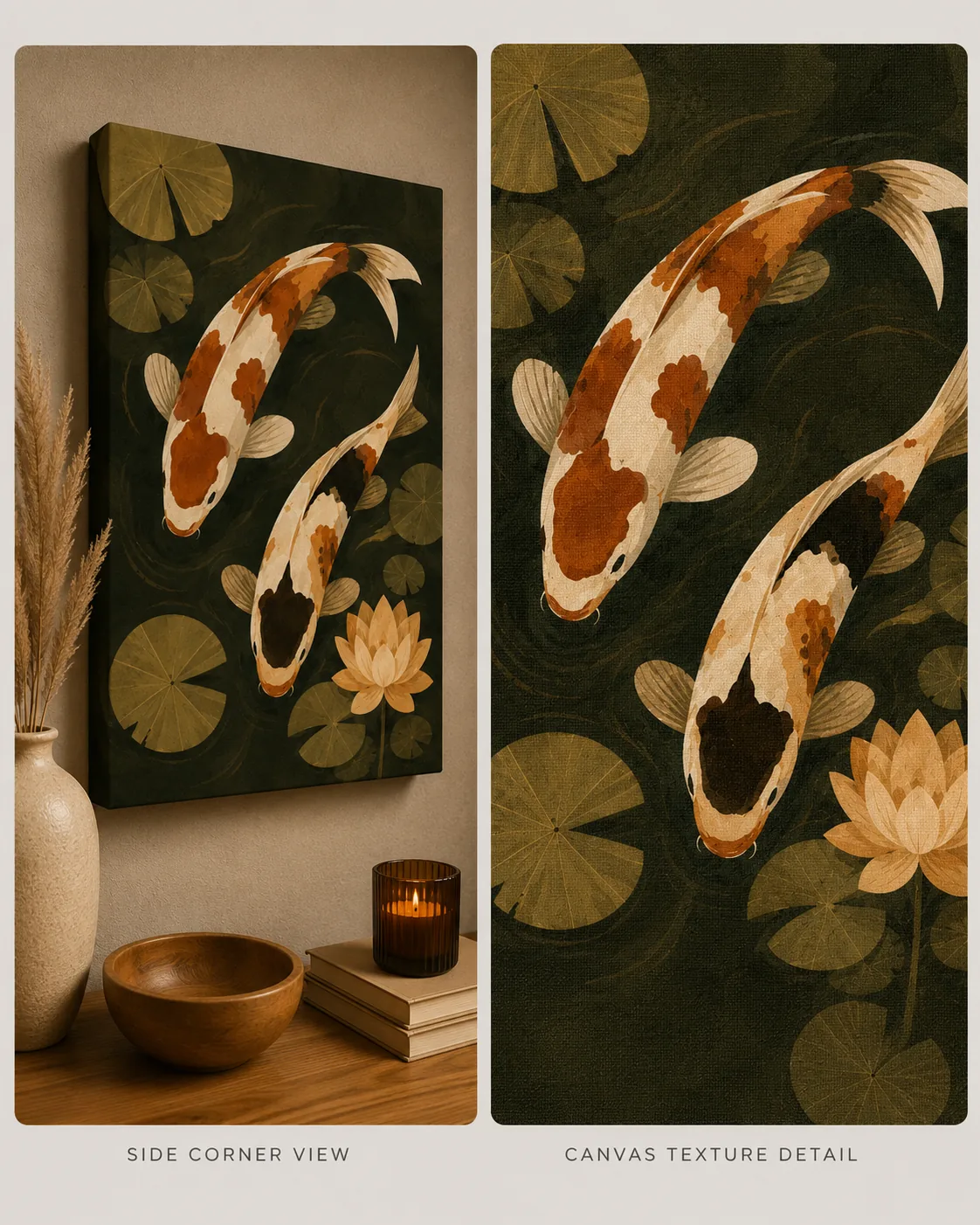 Japanese Koi Fish & Water Lily Canvas Print - Terracotta & Ochre Pond Boho Wall Art - Image 3