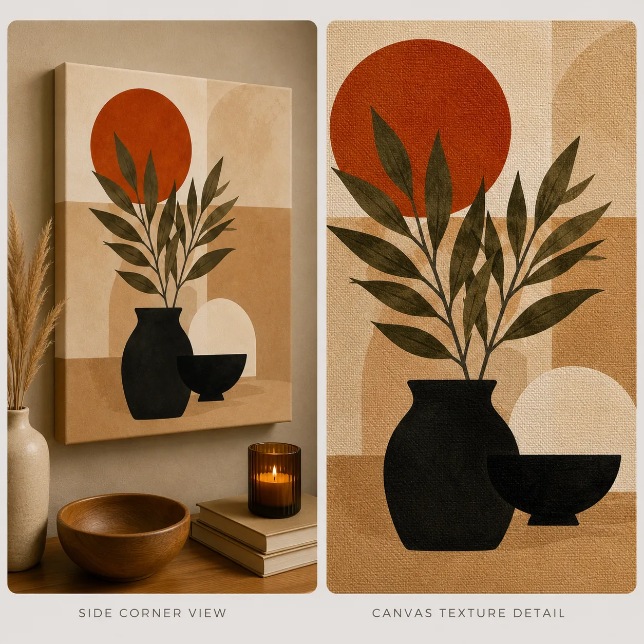 Minimalist Botanical Vase & Terracotta Sun Canvas Print - Olive Green Leaf & Black Ceramic Still Life Boho Wall Art - Image 4