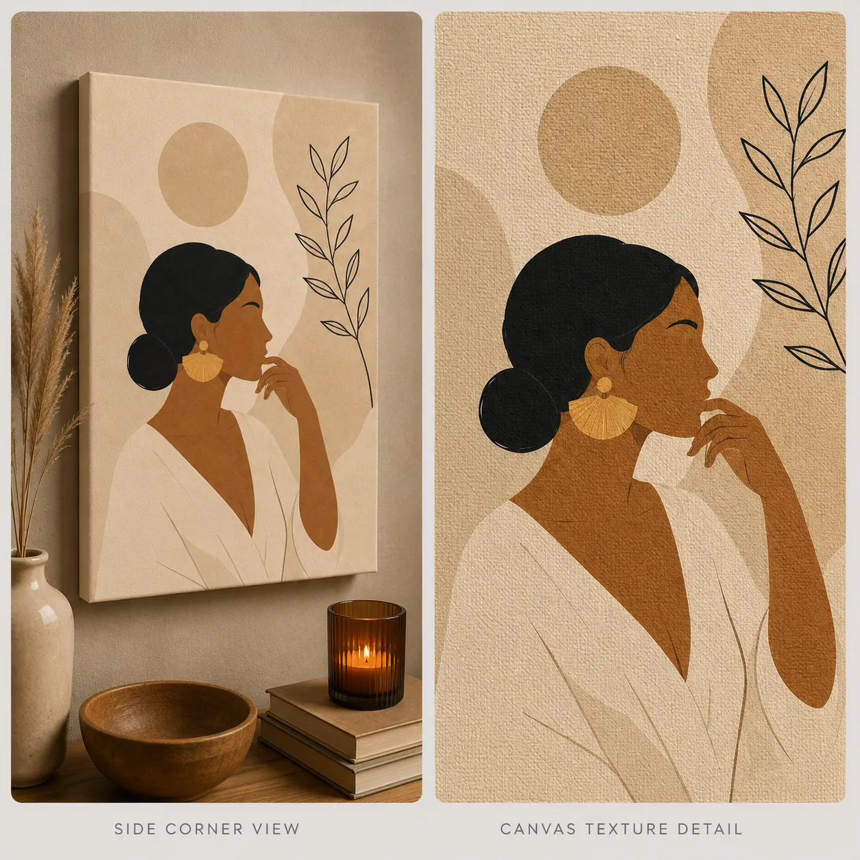 Minimalist Thinking Woman Canvas Print - Warm Ochre & Botanical Line Art Boho Wall Art - Image 4
