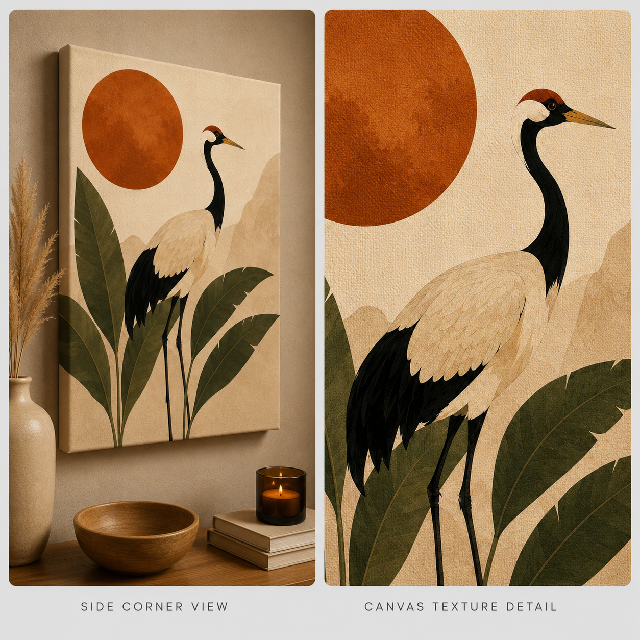 Japanese Red-Crowned Crane Canvas Print - Terracotta Sun & Palm Leaves Boho Wall Art - Image 4