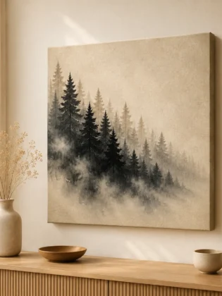Misty Pine Forest Watercolor Canvas Print – Japandi Minimalist Vintage Mountain Landscape
