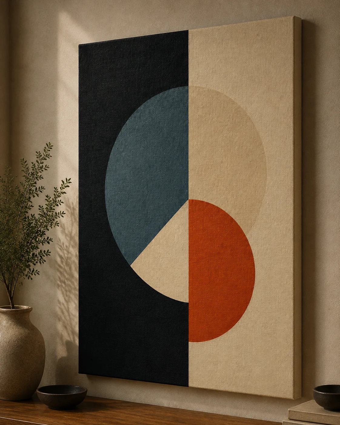 Bauhaus Abstract Geometric Split Circle Canvas Print - Mid-Century Modern Minimalist Wall Art