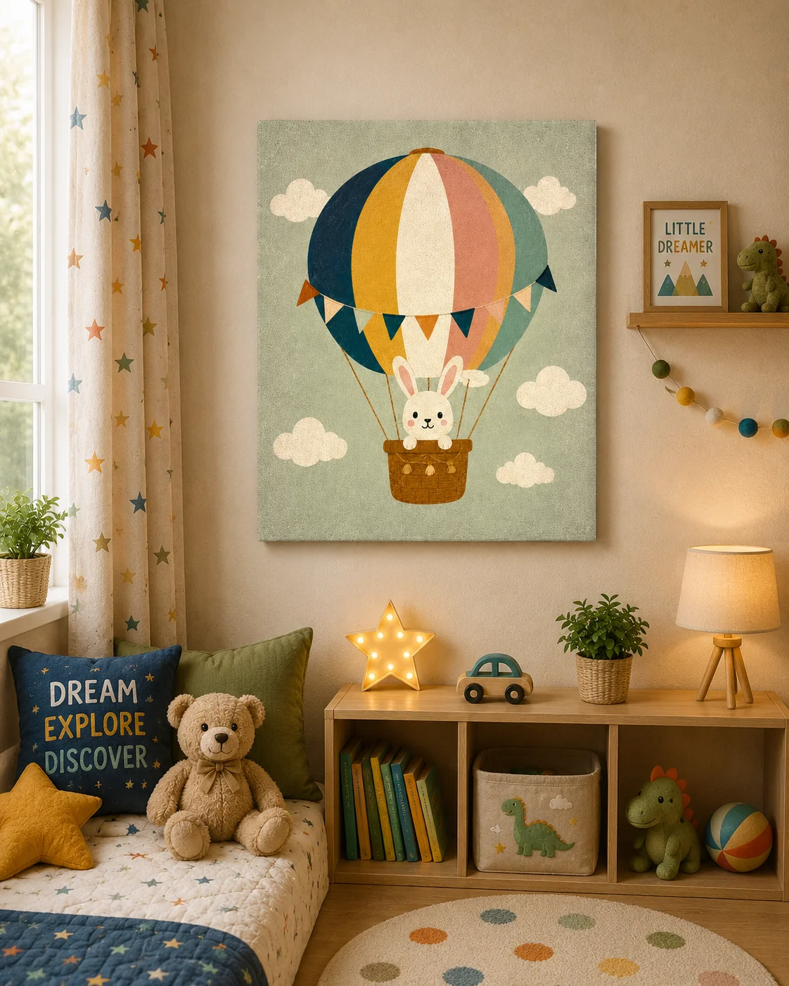 Cute Bunny Hot Air Balloon Canvas Print - Nordic Easter Rabbit Kids Wall Art - Image 2