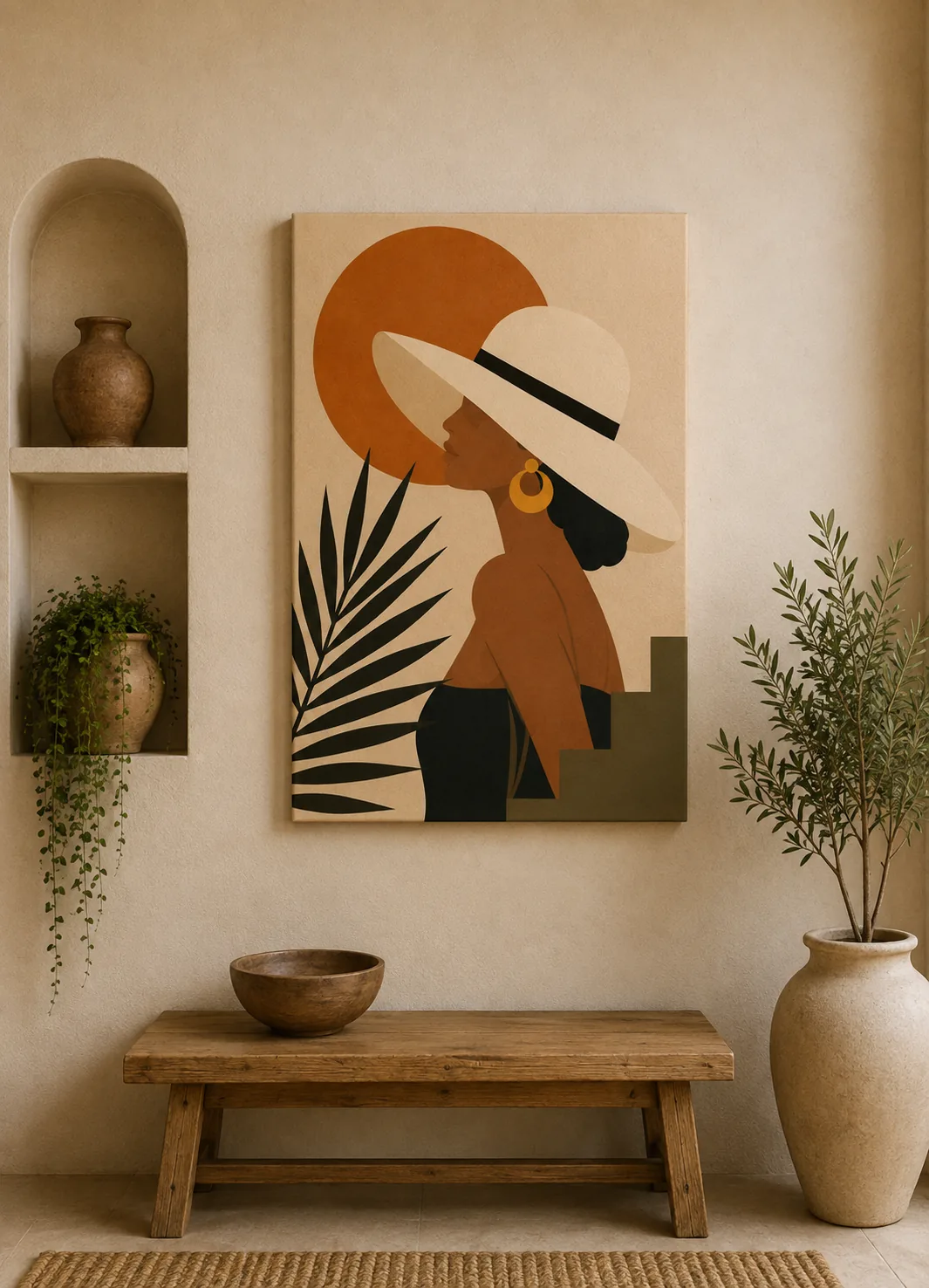 Minimalist Woman in Sun Hat Canvas Print - Terracotta Sun & Palm Leaf Boho Wall Art - Image 3