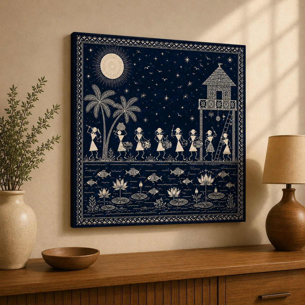 Warli Midnight Musical Procession & Starlit Lotus Pond Canvas Print - Traditional Indian Tribal Wall Art - Image 2