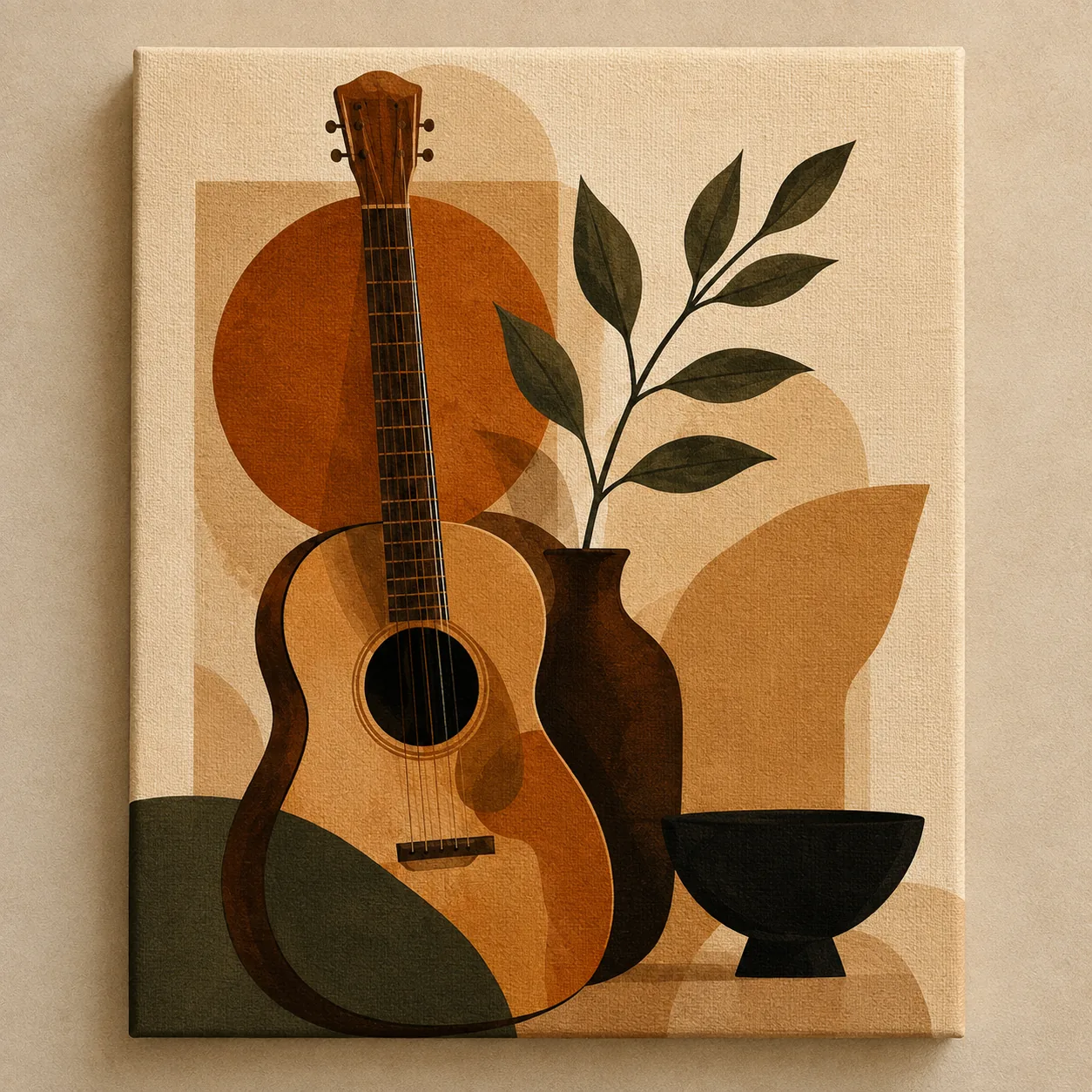Minimalist Acoustic Guitar Canvas Print - Terracotta & Olive Green Abstract Still Life Wall Art - Image 3