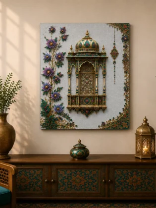 Luxury Ornate Mughal Window Canvas Art – Premium Silver Metallic Jharokha Print