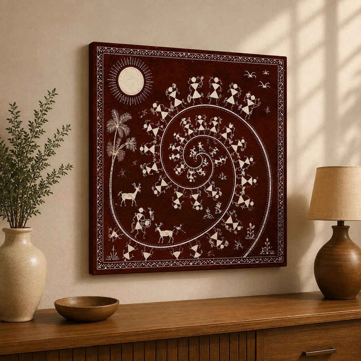 Warli Spiral Tarpa Dance Canvas Print - Traditional Indian Tribal Wall Art - Image 3