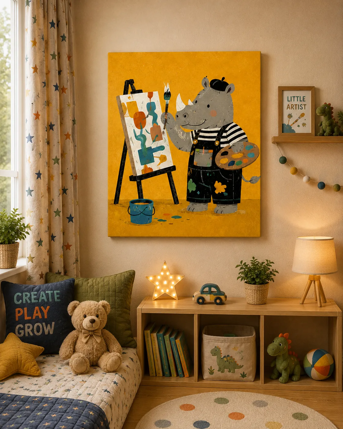 Cute Artist Rhino Painting Canvas Print - Creative Animal Artist Kids Wall Art - Image 2
