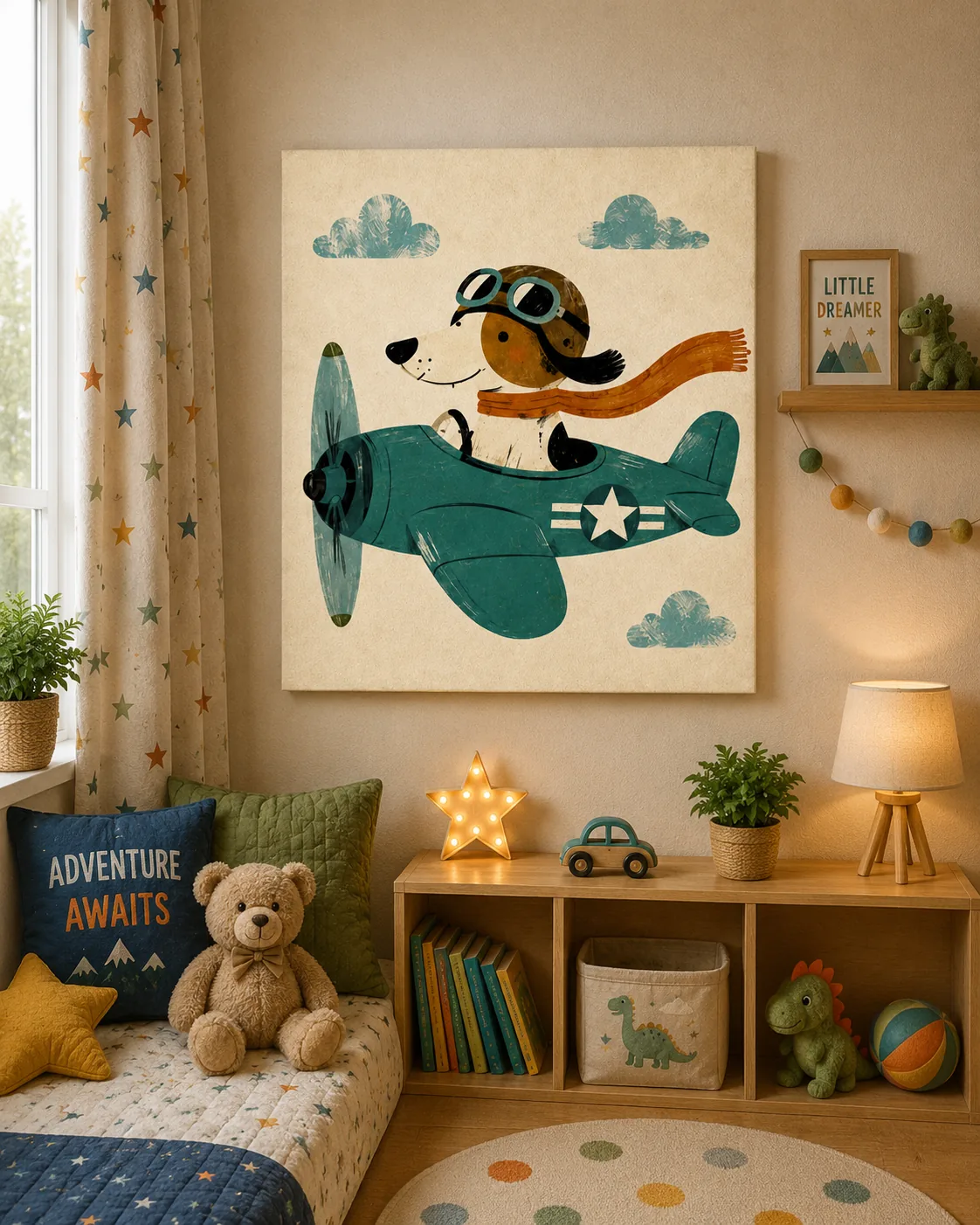 Aviator Dog Flying Airplane Canvas Print - Vintage Pilot Dog Kids Wall Art - Image 2