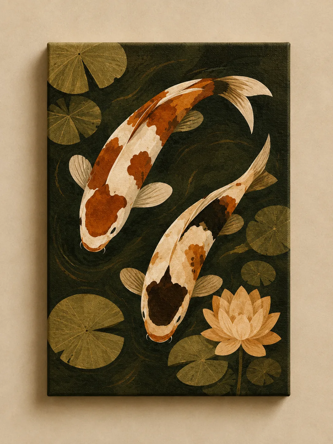 Japanese Koi Fish & Water Lily Canvas Print - Terracotta & Ochre Pond Boho Wall Art - Image 4