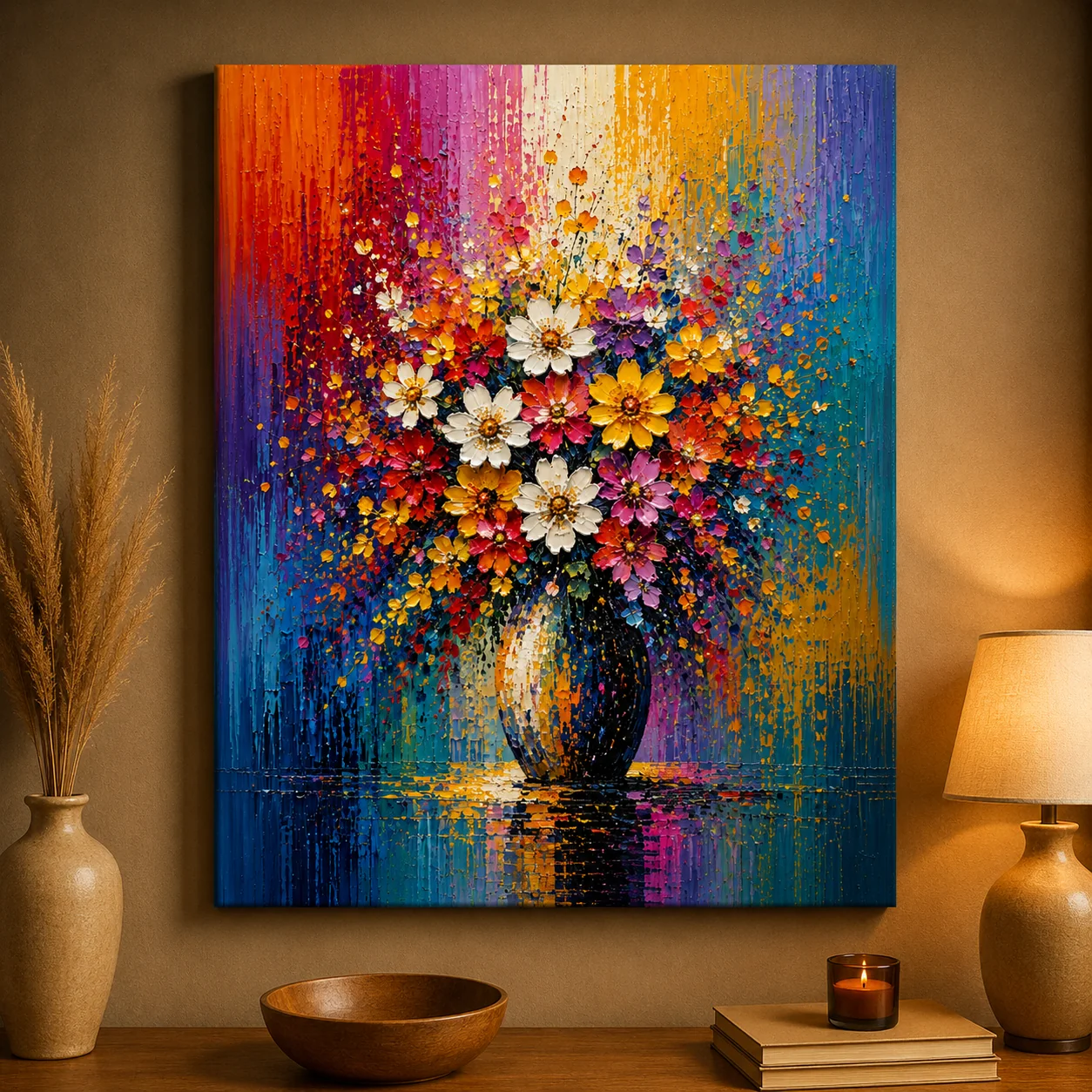 Floral Bouquet in Vase Color Maximal Canvas Print - Retro Impasto Still Life Wall Art - Image 3