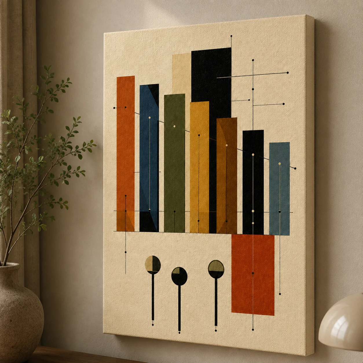 Bauhaus Abstract Geometric Pillars Canvas Print - Mid-Century Modern Color Block Wall Art