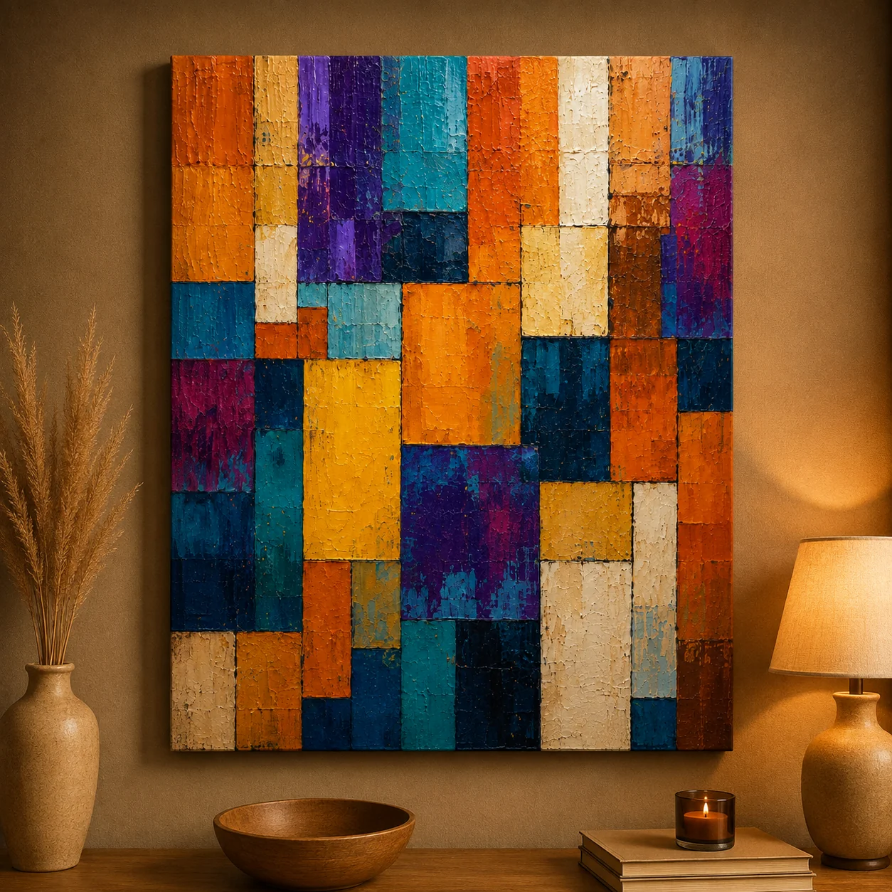 Geometric Block Patchwork Color Maximal Canvas Print - Retro Impasto Abstract Wall Art - Image 3