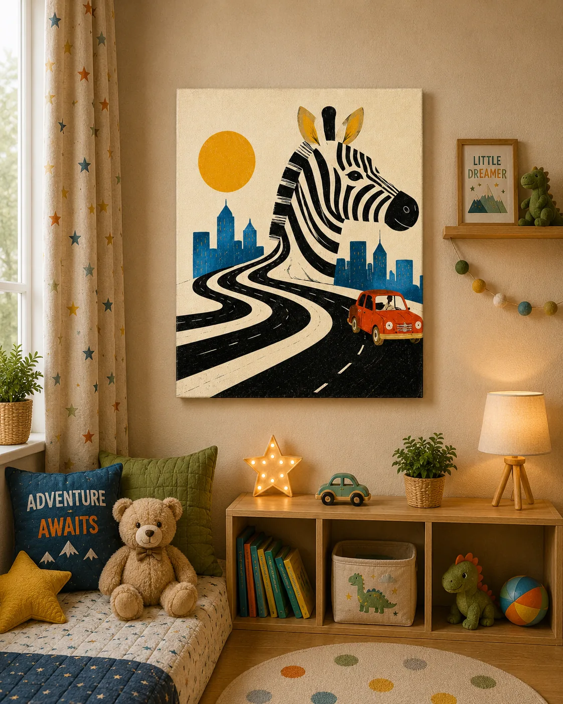 Zebra Crossing City Skyline Canvas Print - Surreal Safari & Red Car Kids Wall Art - Image 3