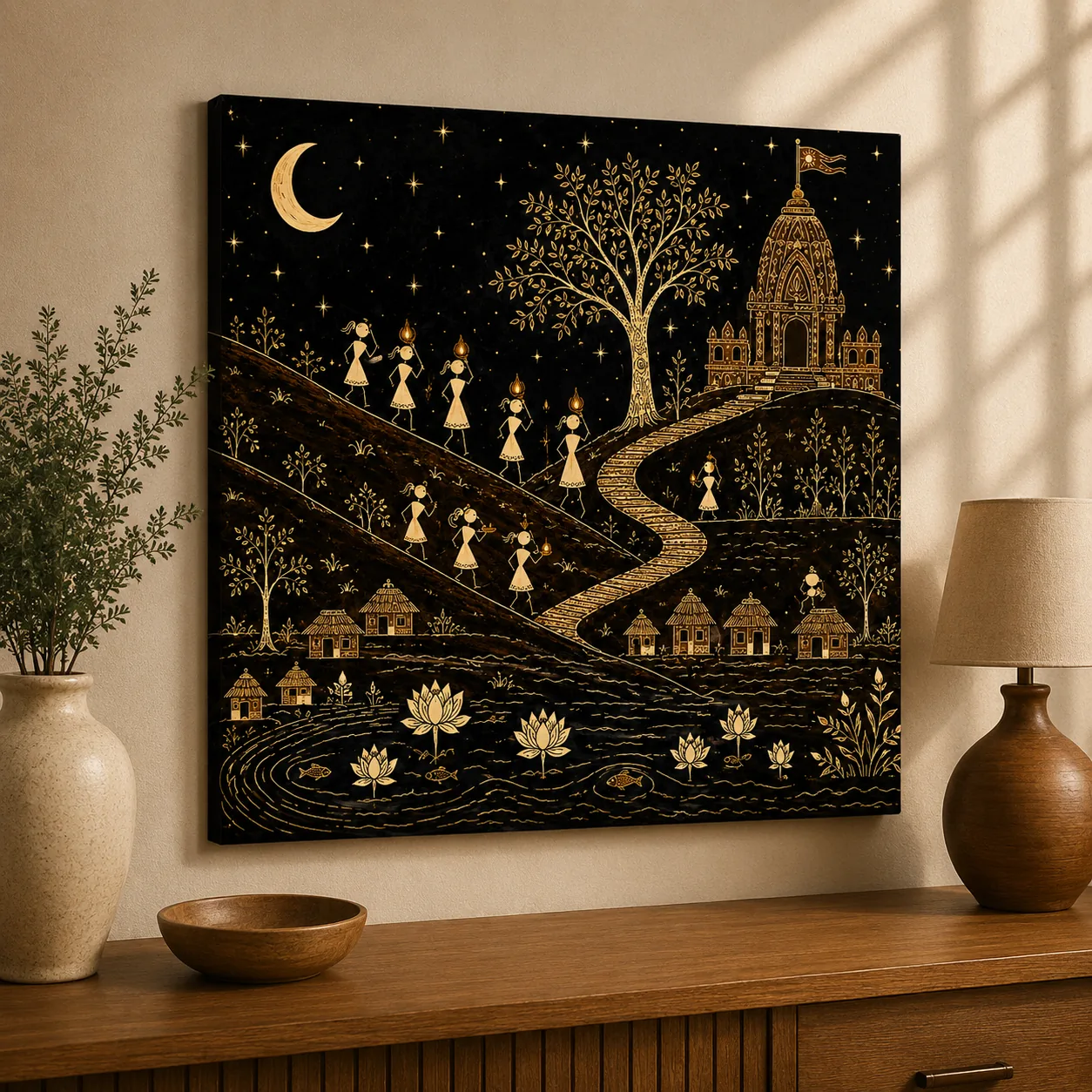 Warli Temple Pilgrimage & Night Village Procession Canvas Print - Traditional Indian Tribal Wall Art - Image 3