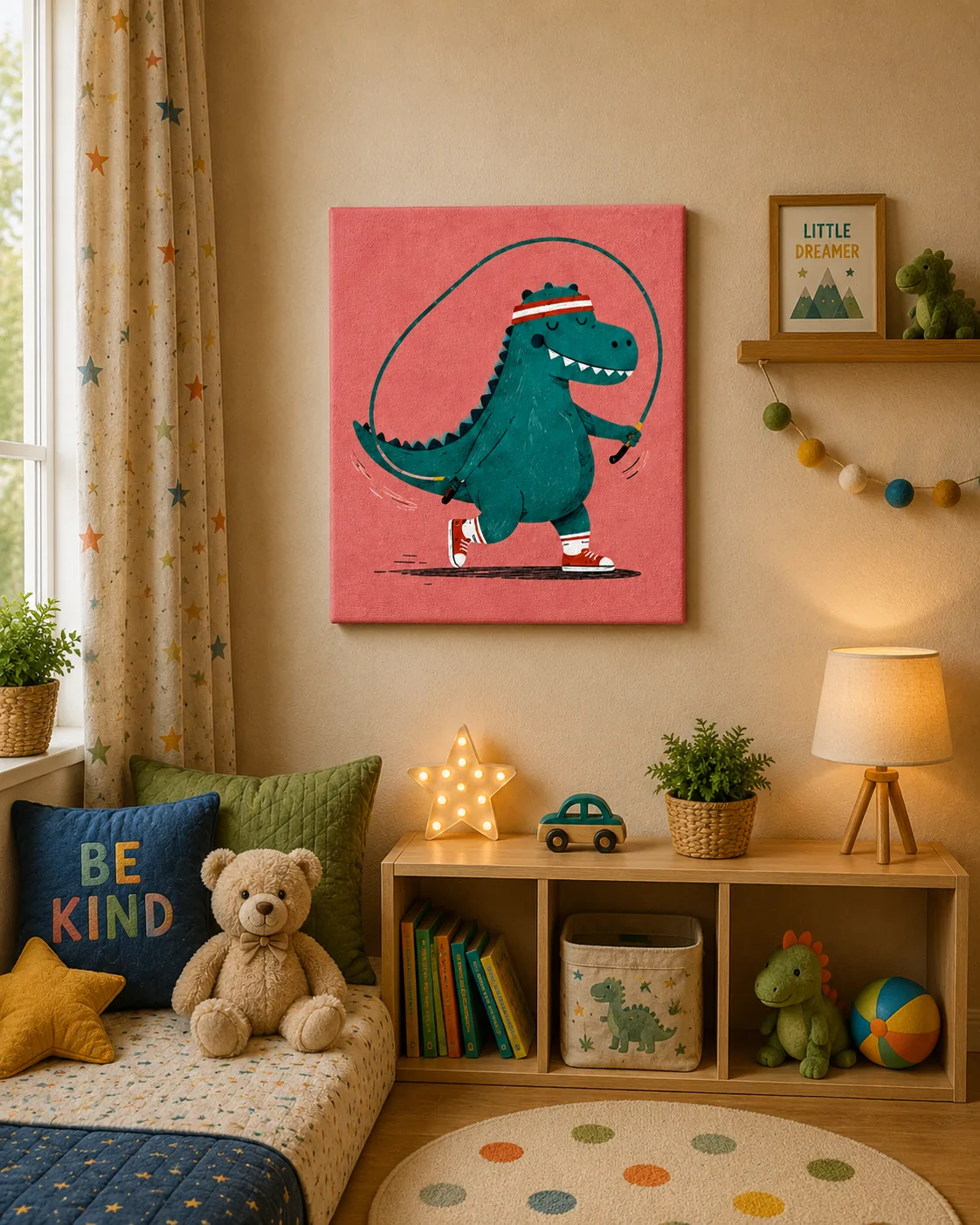 Jump Rope Dinosaur Canvas Print - Cute T-Rex Fitness Kids Wall Art - Image 2