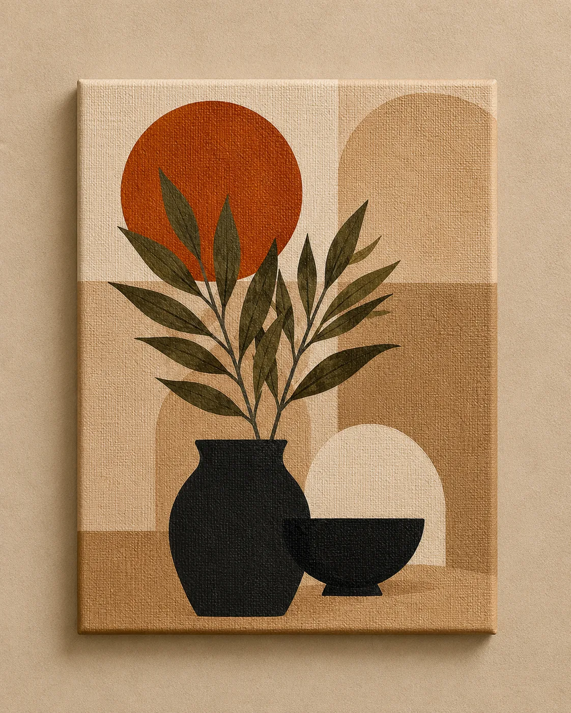 Minimalist Botanical Vase & Terracotta Sun Canvas Print - Olive Green Leaf & Black Ceramic Still Life Boho Wall Art - Image 3