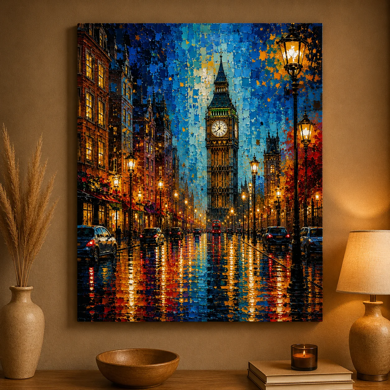 London Big Ben Street Scene Color Maximal Canvas Print - Retro Impasto Cityscape Wall Art - Image 3