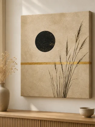 Minimalist Botanical Sun Canvas Print – Modern Japandi Pampas & Gold Line Wall Art