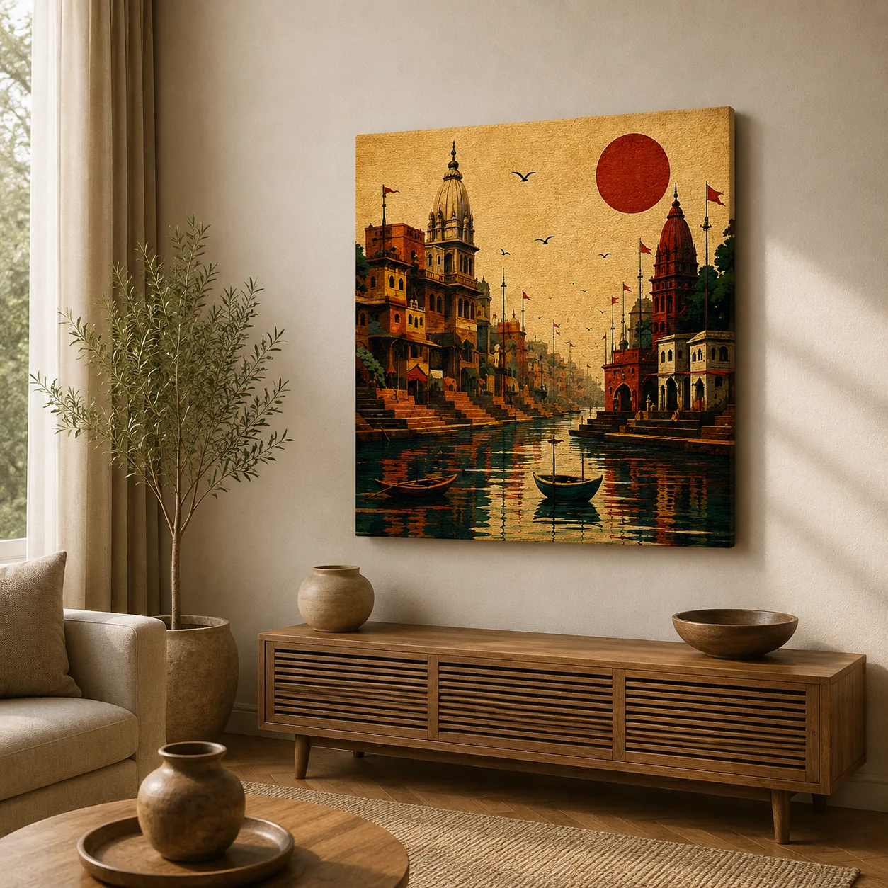 Retro Varanasi Ghats Canvas Print - Vintage Indian Temple Sunset Wall Art - Image 4