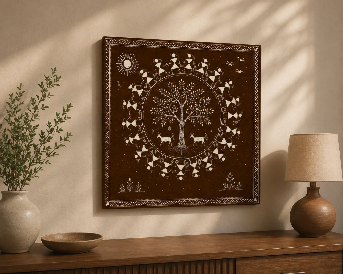 Warli Tree of Life Canvas Print - Traditional Indian Folk Art - Image 2