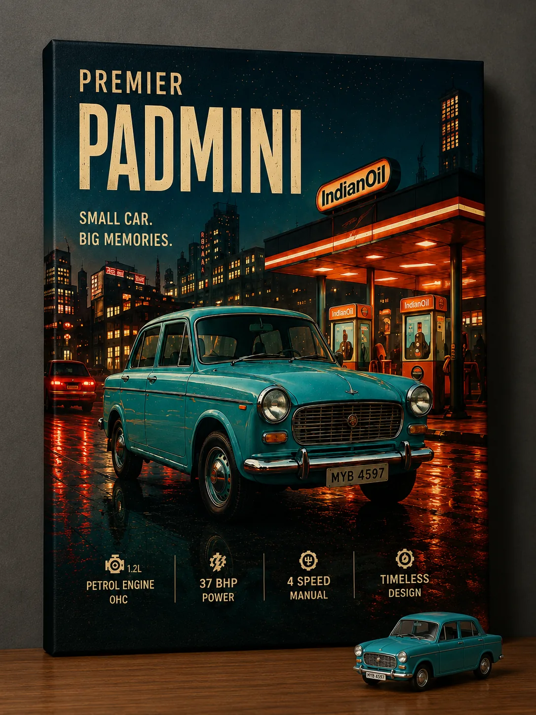 Vintage Premier Padmini Car Canvas Wall Art – Classic Indian Nostalgic Taxi Poster Print
