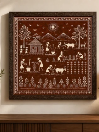 Warli Rural Agriculture & Village Life Canvas Print - Traditional Indian Tribal Wall Art
