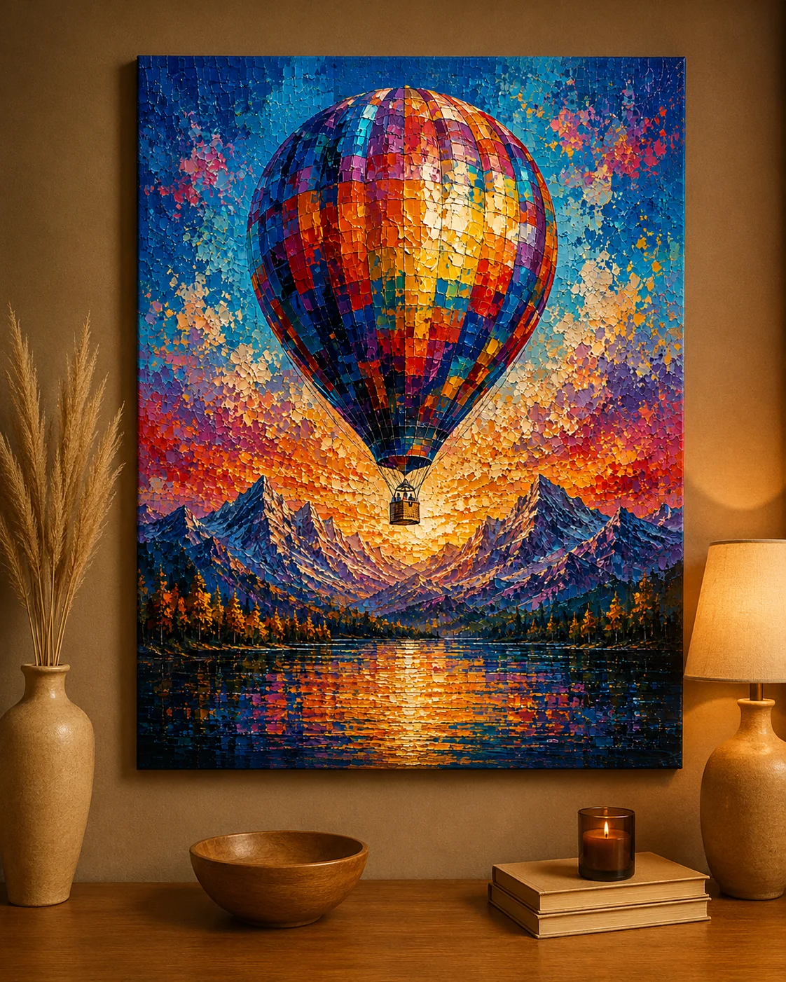 Hot Air Balloon Mountain Landscape Color Maximal Canvas Print - Retro Impasto Nature Wall Art - Image 3
