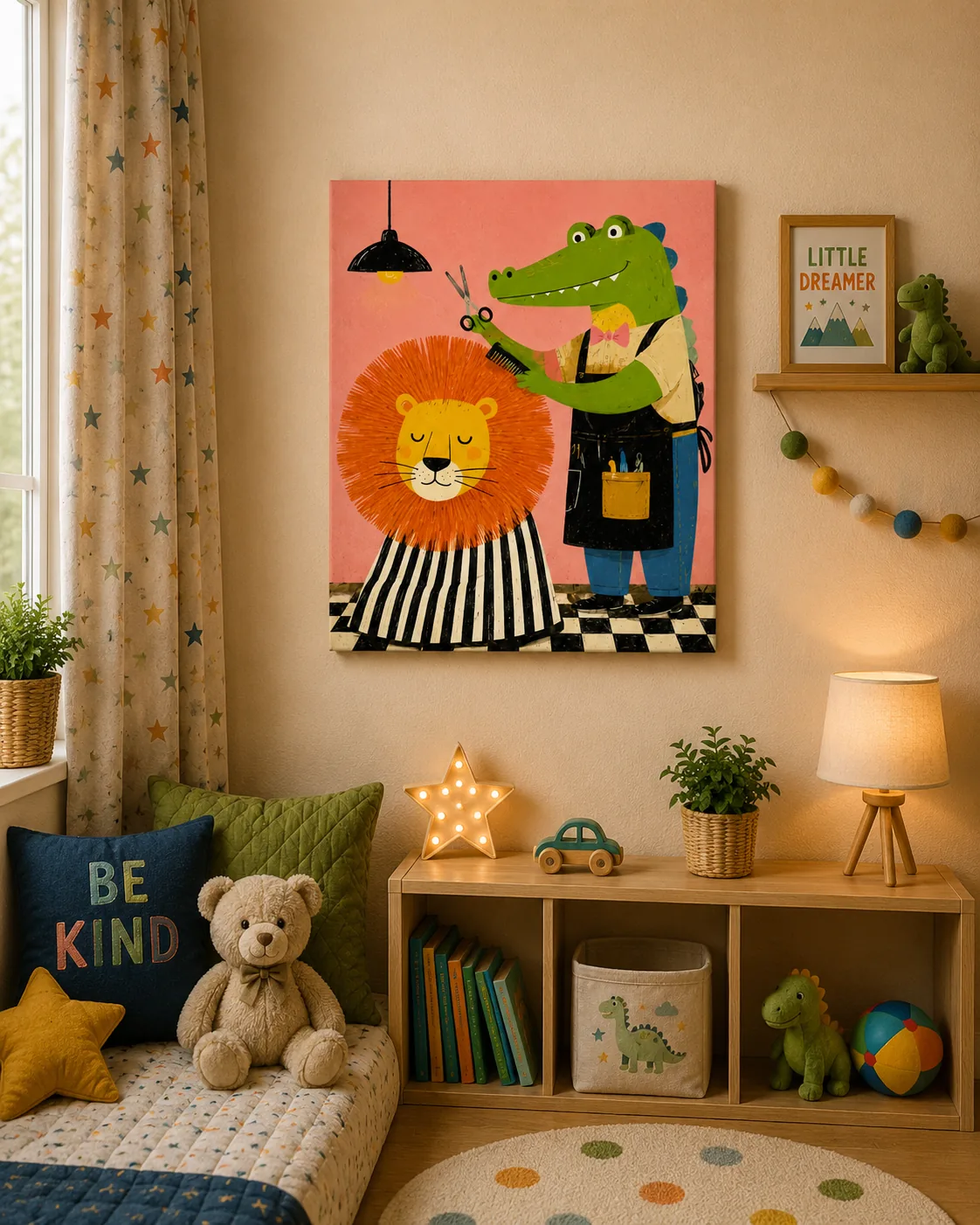 Crocodile Barber & Lion Canvas Print - Funny Animal Hair Salon Kids Wall Art - Image 2