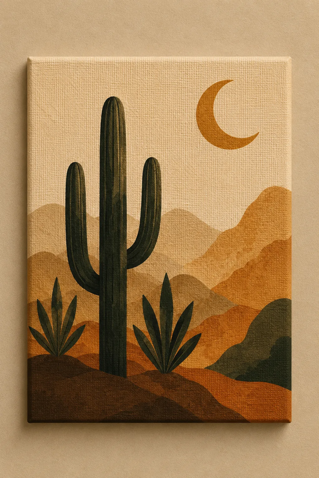 Desert Cactus & Crescent Moon Canvas Print - Earthy Terracotta & Mountain Landscape Boho Wall Art - Image 3