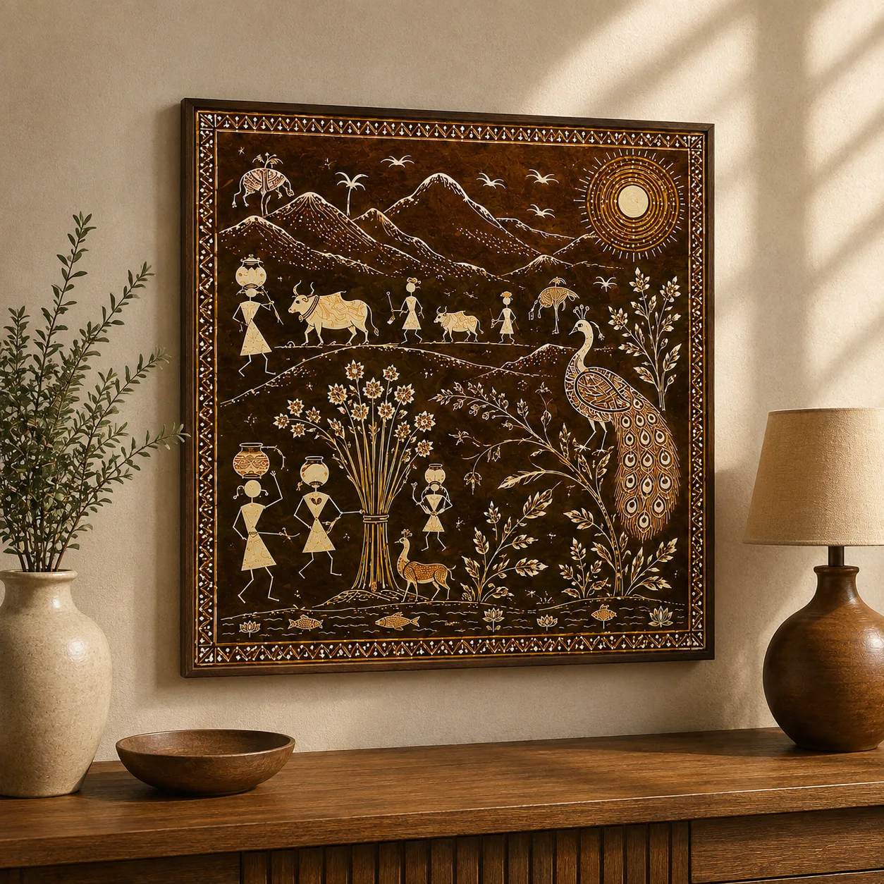 Warli Peacock & Mountain Village Scene Canvas Print - Traditional Indian Tribal Wall Art - Image 2