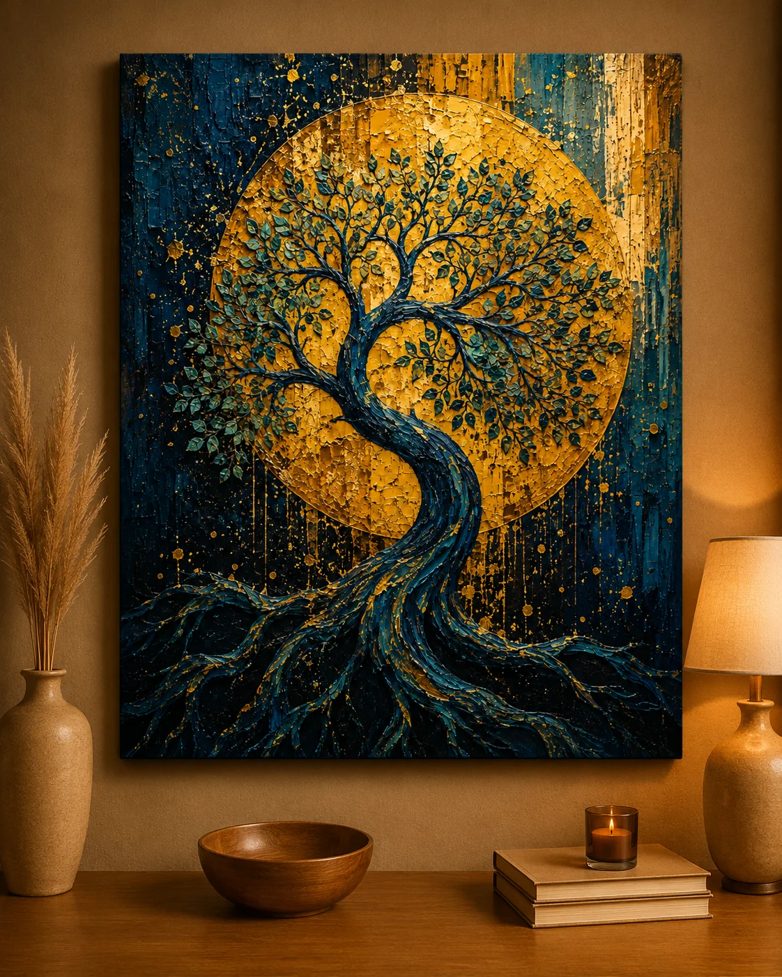 Tree of Life Golden Moon Celestial Canvas Print - Retro Impasto Nature Wall Art - Image 3