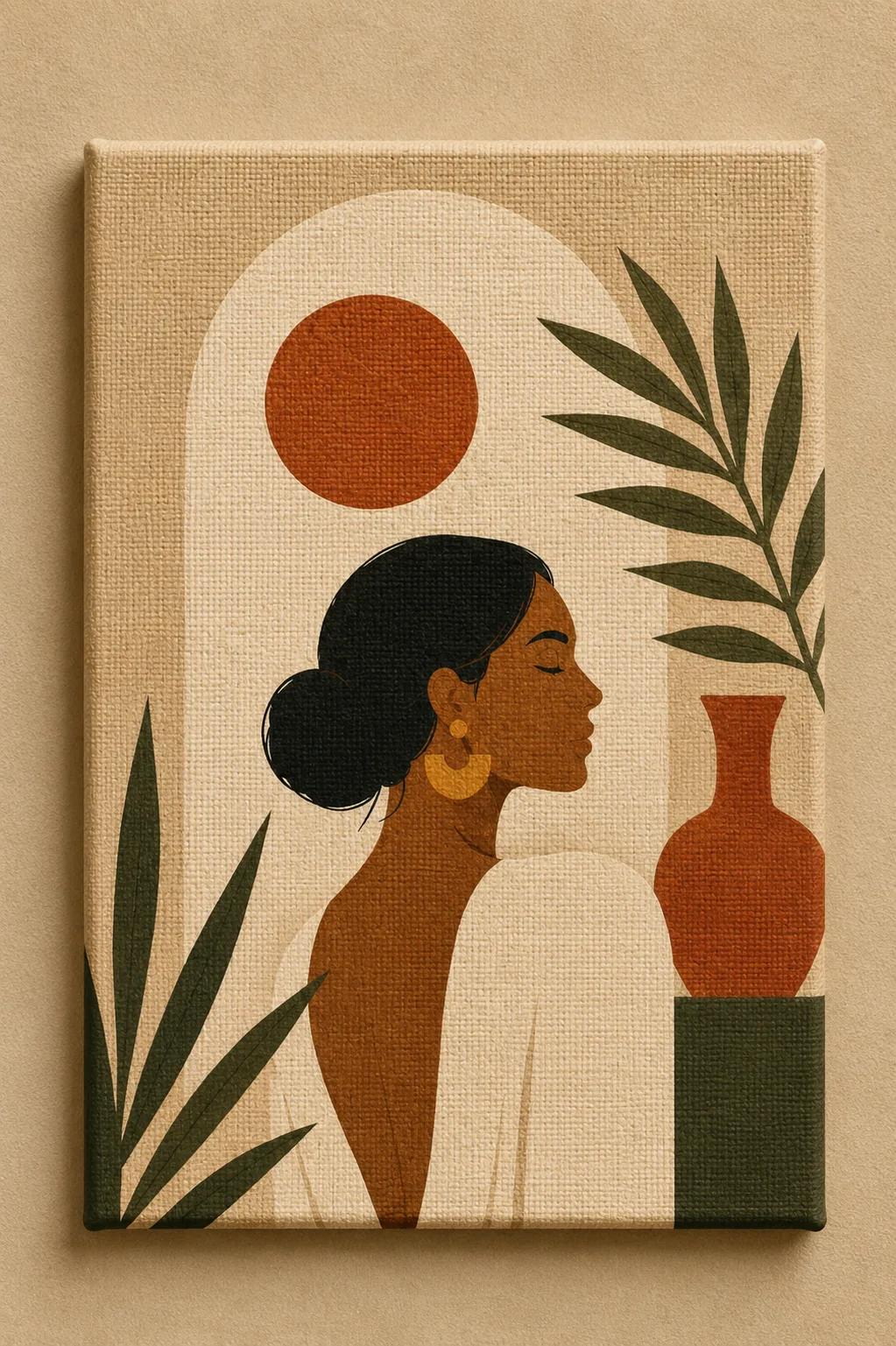 Minimalist Woman Profile Canvas Print - Terracotta Sun & Palm Leaf Boho Wall Art - Image 3