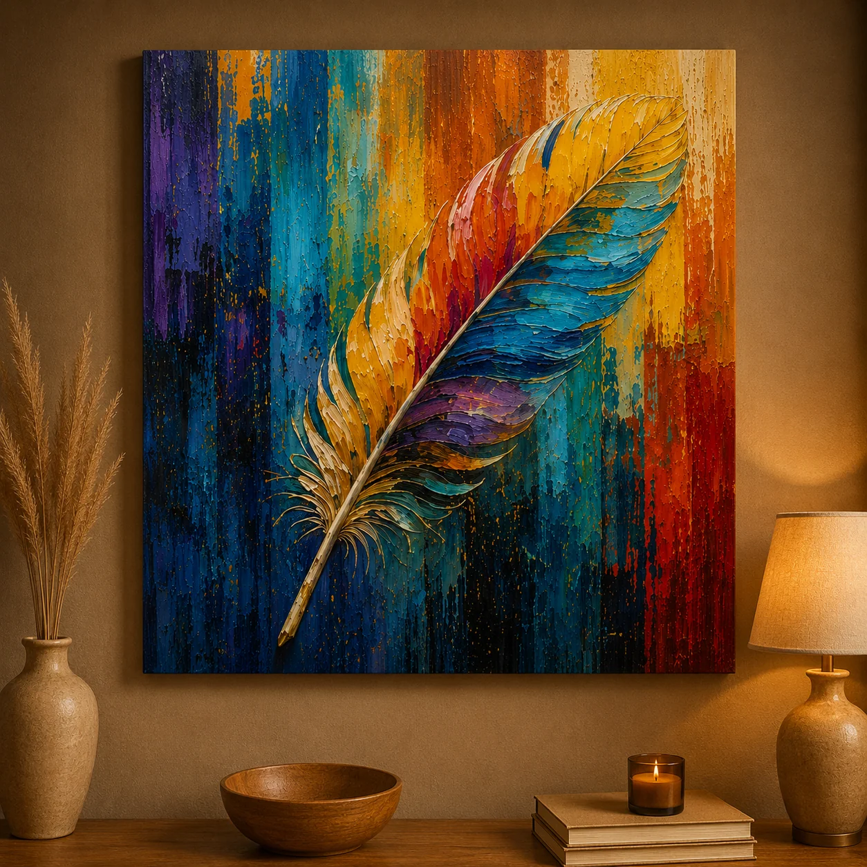 Rainbow Feather Color Maximal Canvas Print - Retro Impasto Abstract Nature Wall Art - Image 3