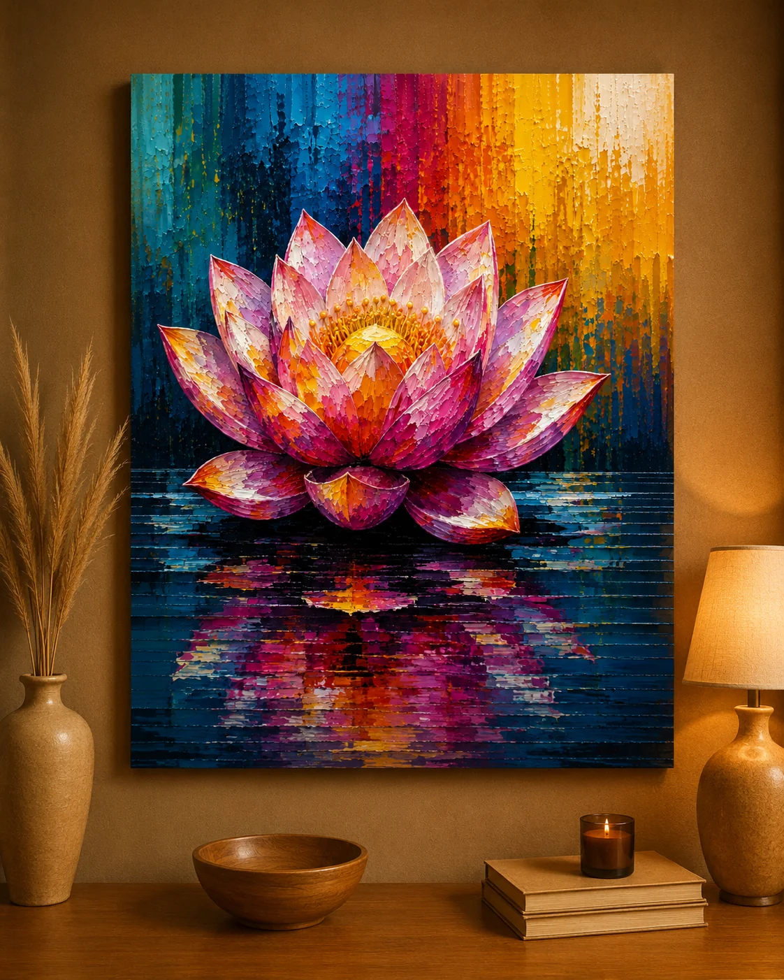Blooming Lotus Flower Color Maximal Canvas Print - Retro Impasto Botanical Wall Art - Image 3