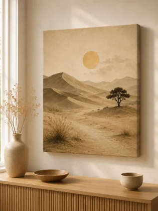 Misty Desert Landscape Canvas Print – Japandi Minimalist Vintage Mountain & Sun Wall Art