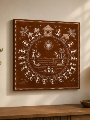 Warli Village Life & Fishing Canvas Print - Traditional Indian Tribal Wall Art