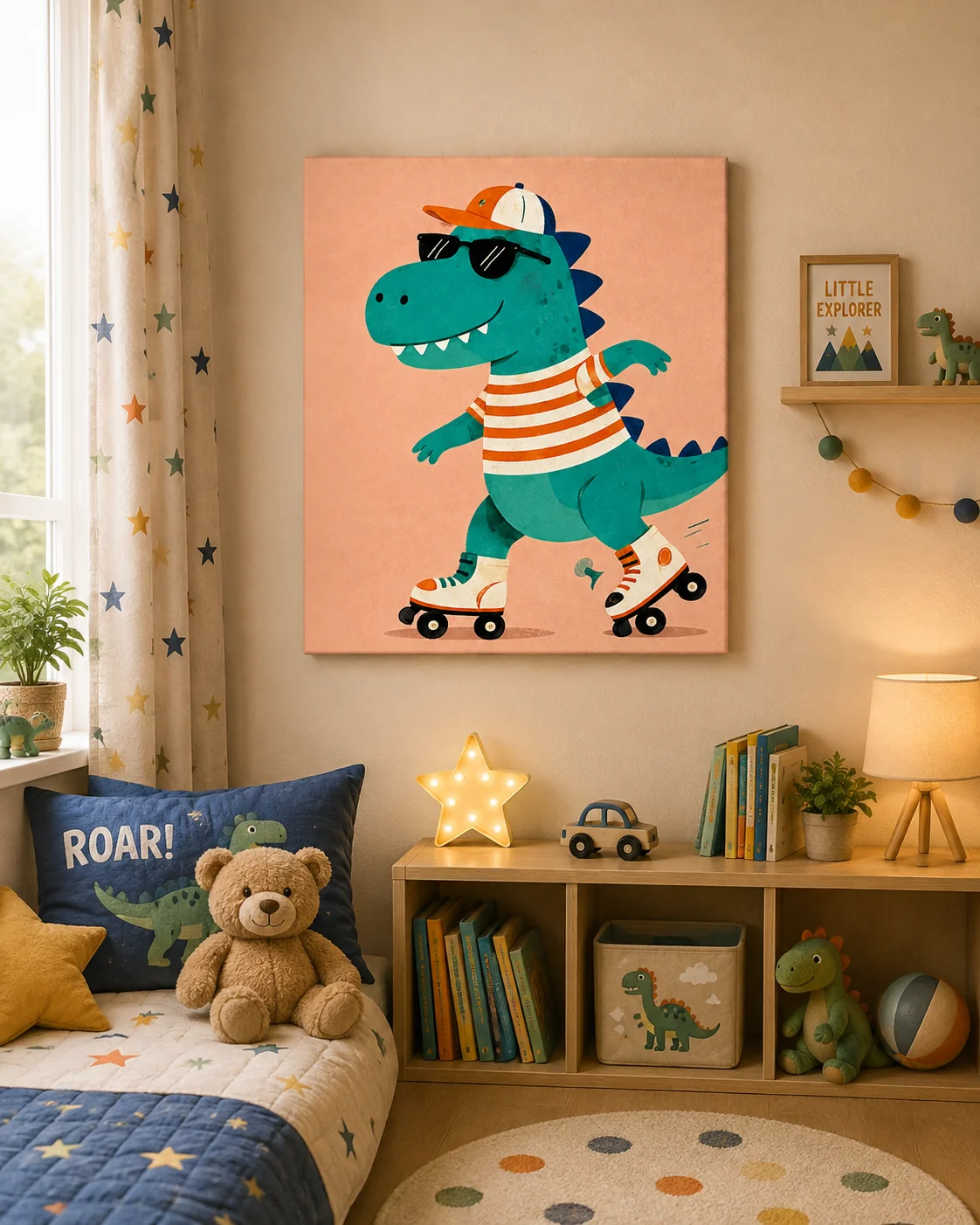 Cool Skateboarding T-Rex Dinosaur Canvas Print - Retro Roller Skating Kids Wall Art - Image 2
