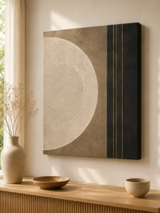 Minimalist Textured Circle Canvas Print – Japandi Modern Geometric Black & Beige Wall Art
